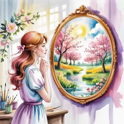 Young woman gazing into a dreamy watercolor painting of a spring landscape inside a golden frame. Represents inner vision shaping the outer world—imagination creates reality.