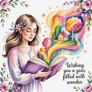Watercolor illustration of a smiling young woman reading a magical book, with colorful scenes of nature and dreams emerging from its pages. A whimsical visual of how imagination creates reality.