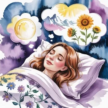 A smiling woman asleep under floral bedding, dreaming of sunshine, mountains, and sunflowers—visualizing as if her dream is already true.