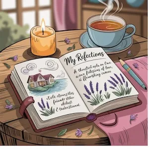 A warm scene of a journal, candle, and tea—used to reflect and script as part of a living in the end manifestation practice.