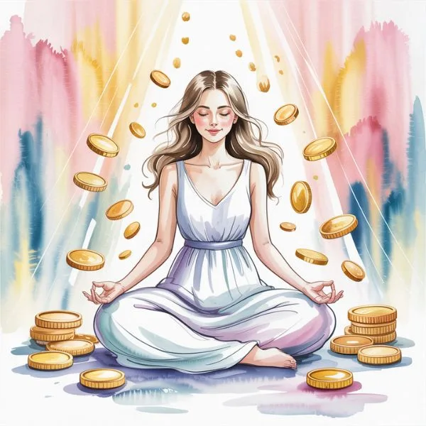 Woman meditating with golden coins floating around her, representing abundance and morning lottery manifestation routine.
