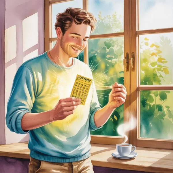 Smiling man holding a glowing lottery ticket by the window with sunlight, symbolizing lottery manifestation visualization practice.
