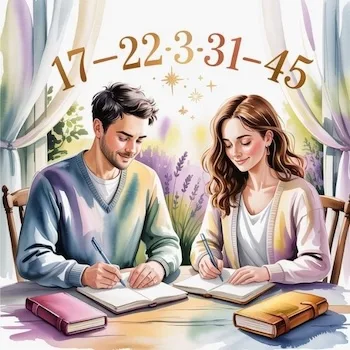 Man and woman writing their lottery manifestation scripts together, with lucky numbers floating above them. Illustration of daily scripting routine.
