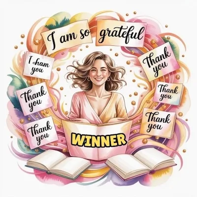 Smiling woman surrounded by thank-you notes and the word winner, expressing gratitude while writing her lottery manifestation script.
