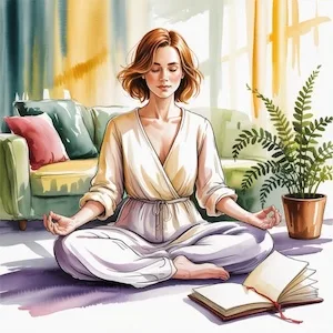 Woman meditating peacefully with an open journal beside her, combining mindfulness and scripting for lottery manifestation.