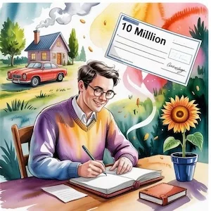 Man journaling his lottery manifestation script, visualizing a 10 million jackpot check with dream home and car in the background.
