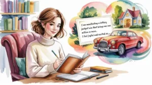 Woman writing her lottery manifestation script in a journal, visualizing abundance with a dream home and car. Illustration of scripting and manifestation practice.