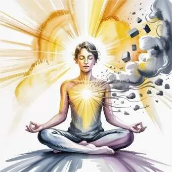 Woman surrounded by bright energy releasing gray clouds, illustrating how to clear resistance in a morning lottery manifestation routine