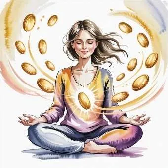 Woman meditating surrounded by floating golden coins, symbolizing how to feel abundance in a morning lottery manifestation routine.