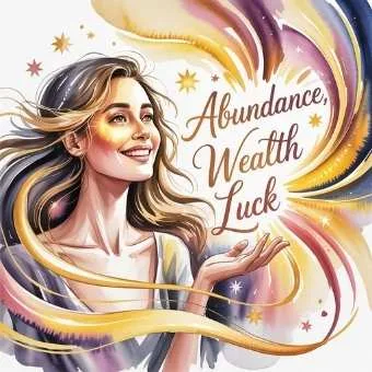 Joyful woman surrounded by golden ribbons and glowing words “Abundance, Wealth, Luck,” representing the energy of success and gratitude in a morning lottery manifestation routine.