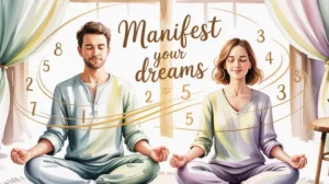 Man and woman meditating in the morning with lottery numbers and text “Manifest your dreams” – morning lottery manifestation routine illustration.