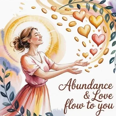 Watercolor of a woman surrounded by glowing hearts and coins, representing abundance and why love and money flow to those who don’t lack them.