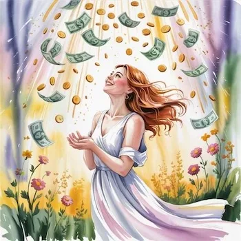 Watercolor of a joyful woman under a shower of coins and dollar bills, illustrating why love and money flow to those who don’t lack them.