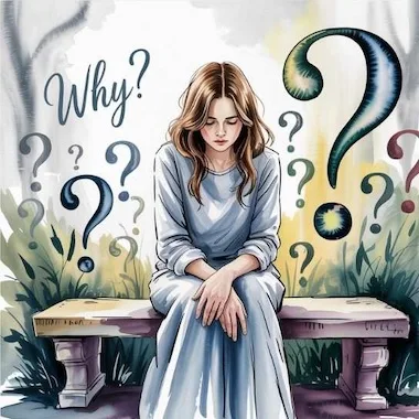 Watercolor of a sad woman sitting on a bench surrounded by question marks, asking why love and money flow to those who don’t lack them.