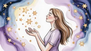 Peaceful woman releasing glowing light under the stars, symbolizing the power of letting go in lottery manifestation.