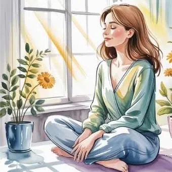 Peaceful woman in sunlight, inner certainty as signs of winning the lottery.