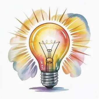 Watercolor illustration of a glowing light bulb surrounded by soft golden light, representing clarity and awakening through I AM awareness.