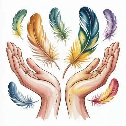Open hands with feathers symbolizing faith and trust in letting go lottery manifestation.