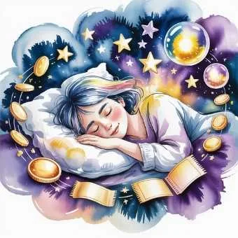 A person sleeping smile with starry motifs, dream-state signs of winning the lottery.