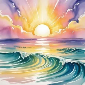 “Watercolor sunrise over calm waves representing awakening and peace through I AM awareness.