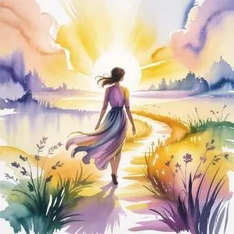 Woman walking into golden sunrise, symbolizing trust and faith that help manifest lottery win.