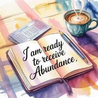 Watercolor illustration of open journal with affirmation ‘I am ready to receive abundance,’ lottery ticket, and coffee cup symbolizing how to manifest lottery win through affirmations.