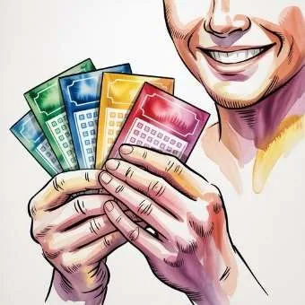 Watercolor illustration of smiling person holding colorful lottery tickets, symbolizing taking aligned, practical action to manifest a lottery win.