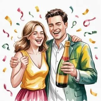 Watercolor illustration of joyful couple celebrating with champagne and confetti, symbolizing how to manifest lottery win by celebrating every step.
