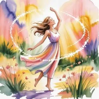 Watercolor illustration of joyful woman dancing in sunlight surrounded by glowing energy, symbolizing faith, abundance, and final thoughts on how to manifest lottery win.
