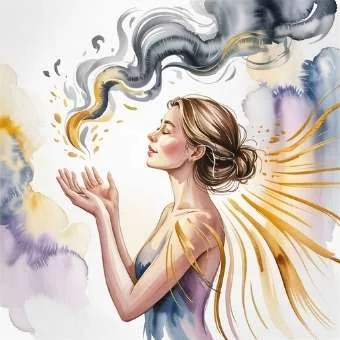 Watercolor illustration of peaceful woman releasing golden light into the air, symbolizing how to manifest lottery win by letting go and trusting the process.
