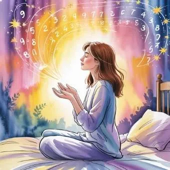 Watercolor illustration of woman sitting on bed visualizing lottery numbers glowing in the air, symbolizing how to manifest lottery win through imagination.