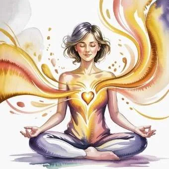 Watercolor illustration of woman meditating with glowing heart energy and golden light, symbolizing how to manifest lottery win through wealth consciousness and gratitude.