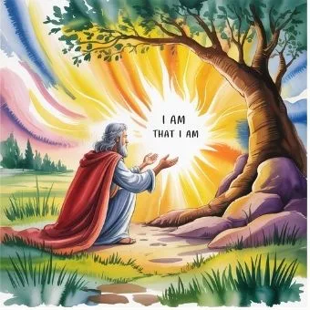 Watercolor painting of Moses before the burning bush symbolizing divine revelation of ‘I AM THAT I AM.