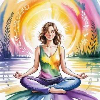 Watercolor illustration of a woman meditating with soft glowing light symbolizing ‘I AM’ awareness and inner presence