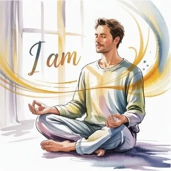 Watercolor illustration of a person meditating with soft glowing light symbolizing ‘I AM’ awareness and inner presence.