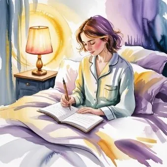 Watercolor art of a person journaling before bed, representing evening I AM reflection practice.