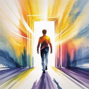 Watercolor illustration of a person walking through a glowing doorway symbolizing transformation through ‘I AM’ awareness.