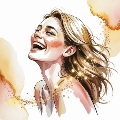 Laughing woman surrounded by golden sparkles, showing joy and lightness through letting go lottery manifestation.