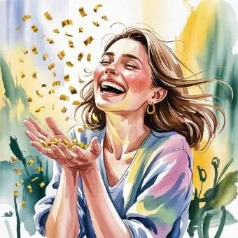 Laughing woman releasing golden confetti, symbolizing joy and letting go to manifest lottery win.