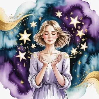 Peaceful woman releasing glowing light under the stars, symbolizing the power of letting go in lottery manifestation.