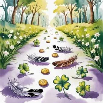 Feathers and clovers along a path, playful signs of winning the lottery.
