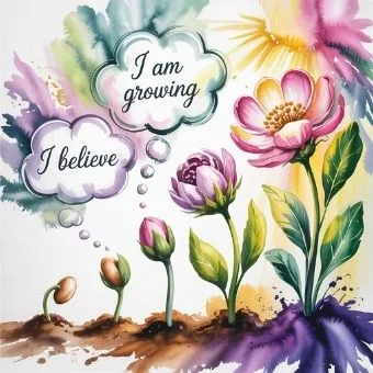 Watercolor illustration of seeds sprouting into flowers, representing how I AM statements shape reality.