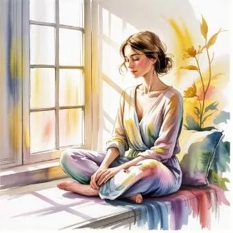Watercolor art of a person sitting peacefully by a window with plants, representing self-reflection and awareness.