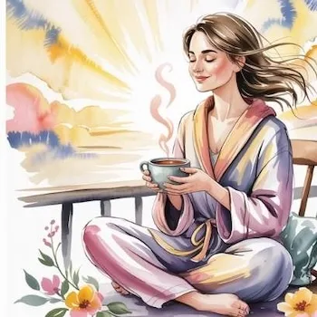 Peaceful woman enjoying sunrise tea, showing trust and divine timing in letting go lottery manifestation.