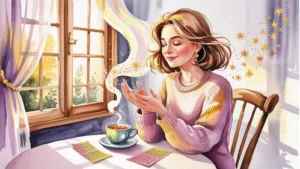 Smiling woman with tea and lottery ticket, symbolizing the calm confidence of a winning lottery mindset.