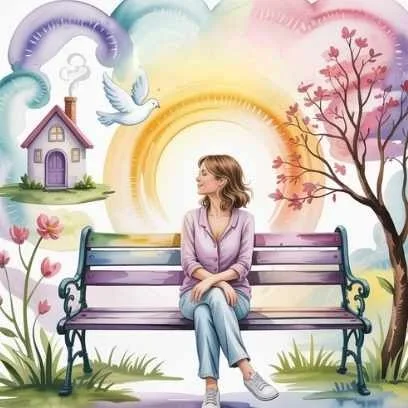 A watercolor scene of a woman on a park bench smiling softly as symbols of peace, love, and a cozy home float around her — showing how to assume the feeling of the wish fulfilled.