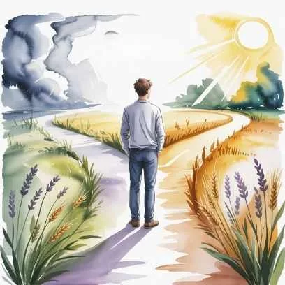 A watercolor painting of a man at a crossroads — one path bright and sunlit, the other dark and stormy — symbolizing Neville’s idea that doubt is faith used in the wrong direction.