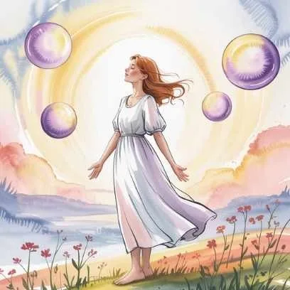 A watercolor illustration of a woman standing in sunlight surrounded by glowing orbs, symbolizing unseen faith manifesting into visible blessings — “faith is the substance of things hoped for.”