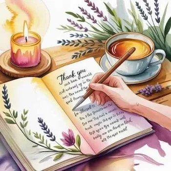 A watercolor illustration of a hand journaling “thank you” beside a candle and tea, representing gratitude as the active expression of faith and fulfillment.