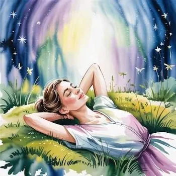 A watercolor painting of a woman resting peacefully under a starry sky, symbolizing calm surrender and trust — the final state of faith realized.